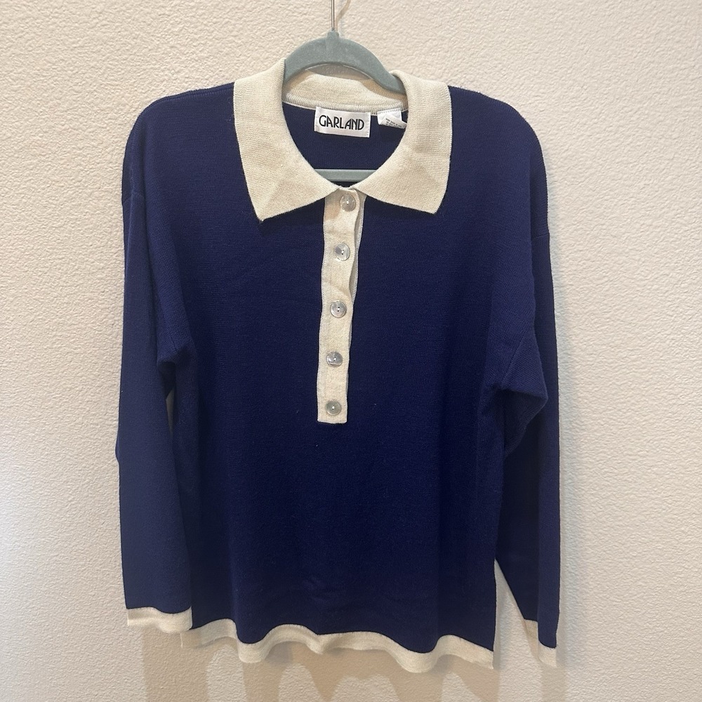 Vtg Garland Wool Blend Sweater M Navy Blue Contrast Collar Preppy 90s Retro